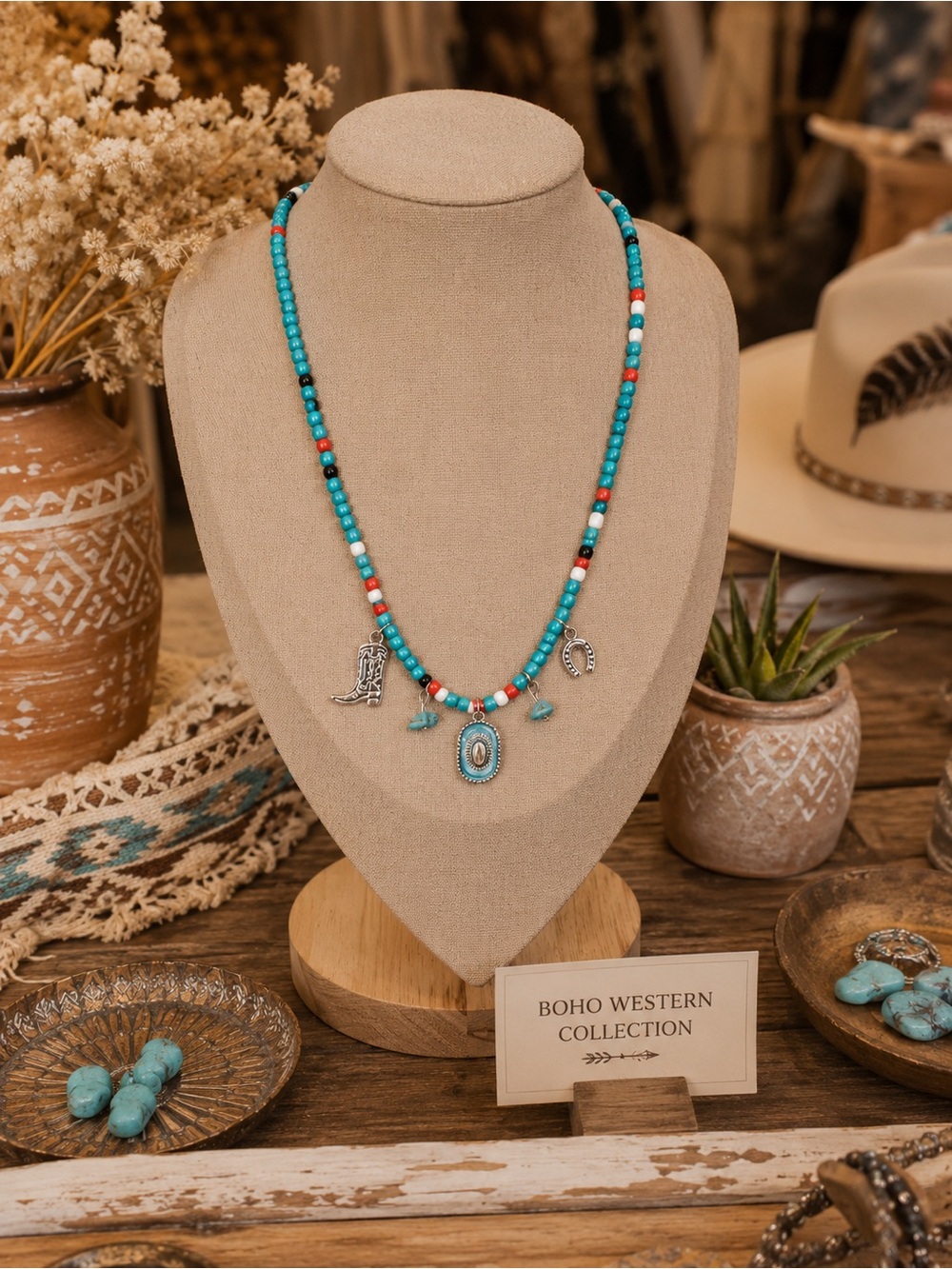 Western Boho Turquoise Beaded Charm Necklace Cowboy Boot & Horseshoe Silver 17”